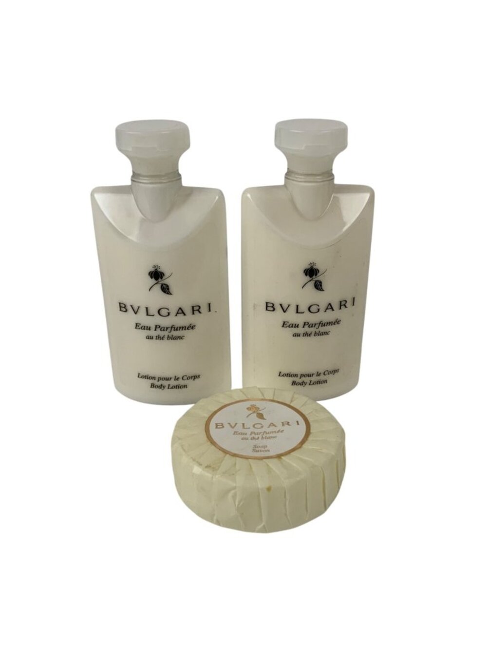 Bvlgari Eau Parfumée Au Thé Blanc 2 Travel Size Body Lotions & 1 Soap